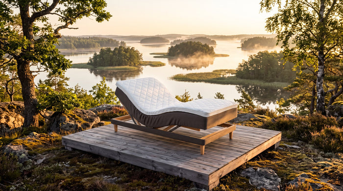 Åsnen-säng vid sjön Åsnen med små öar och morgondimma
